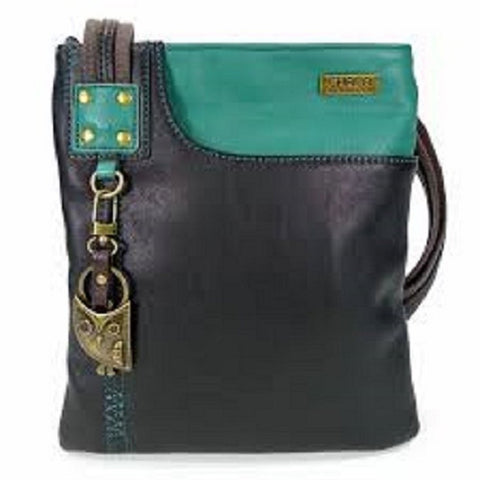 Chala Handbag Xbody Swing Bag, Crossbody Swing Bag, FAUX Leather, 2 Tone (Owl, Teal/Black)