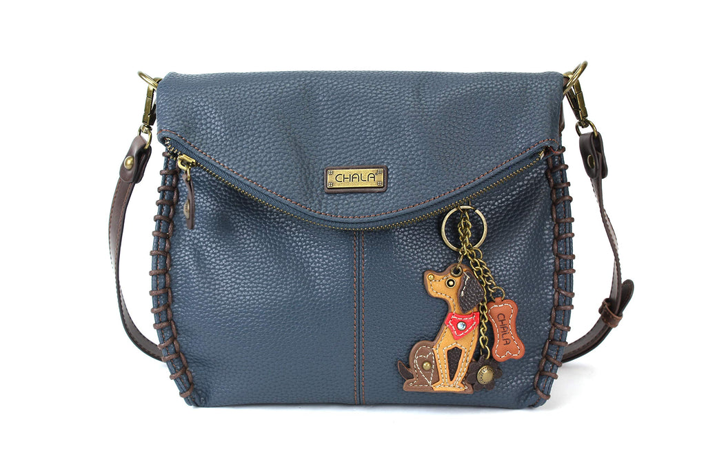 Chala Charming Crossbody Bag - Flap Top and Key Charm in Navy Blue, Cross-Body or Shoulder Purse (Mini Brown Dog)