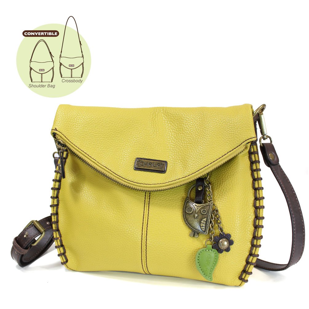 Chala Charming Crossbody Bag Pleather Metal OWL Mustard Yellow Convertible