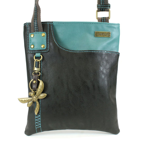 Chala Crossbody Swing Bag - Two Tone Pu Leather Cross-Body Purse or Shoulder Handbag in Very Supple Faux Leather (Dragonfly Teal-Black)