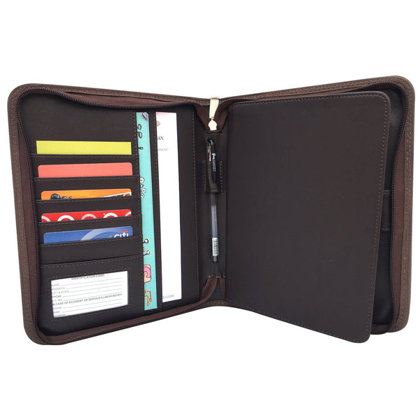 MSP Universal Zippered Padfolio/Professional Organizer for up to 8" Tablet Holder, 5 Cards & I.D Slots in Rich Brown PU Leather (105-Brown)