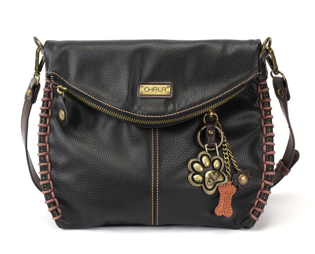 Chala Charming Crossbody Bag With Flap Top | Flap and Zipper Black Cross-Body Purse or Shoulder Handbag with Metal Chain - Paw Print