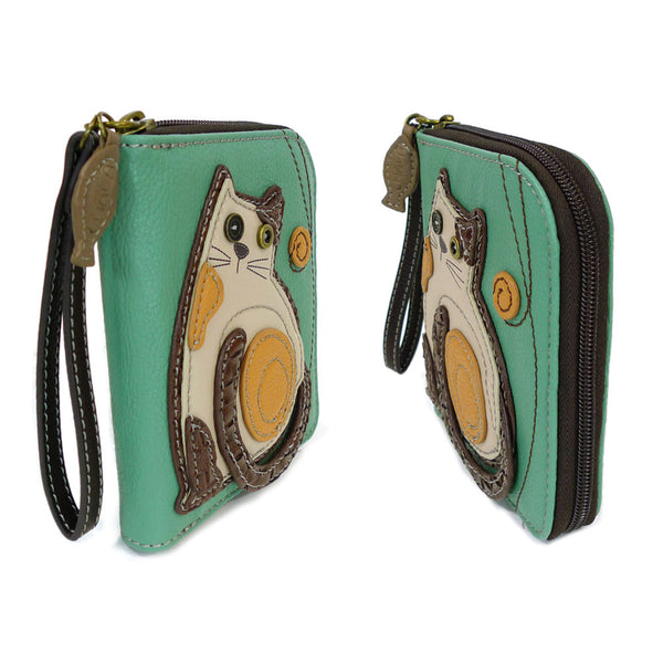 CHALA Handbags- Zip Around Wallet, Wristlet, 8 Credit Card Slots Sturdy Coin Purse( Teal Cat )